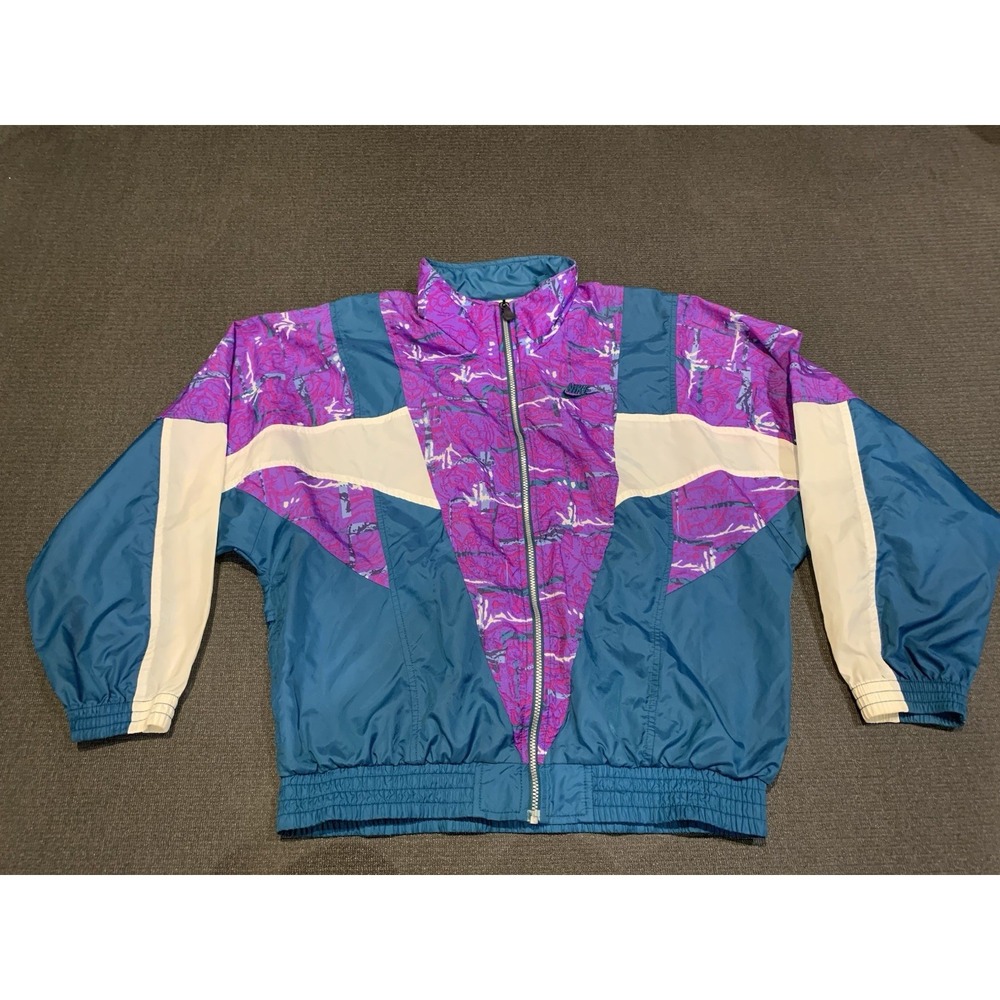 Rare VTG NIKE Spell Out Swoosh Abstract All Over Print Jacket 90s Women's SZ‎ M